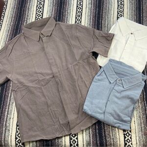 NIP New Lot 3 Men's Button Down Shirt Linen Blend Gray Blue White Short Sleeve M